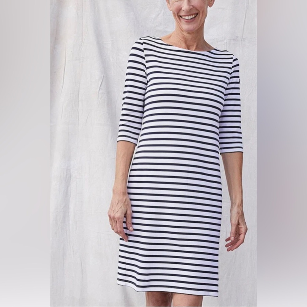 Saint James Propriano Nautical Stripe Stretch Boatneck Midi Dress Anti UV Size 2 - Picture 10 of 11